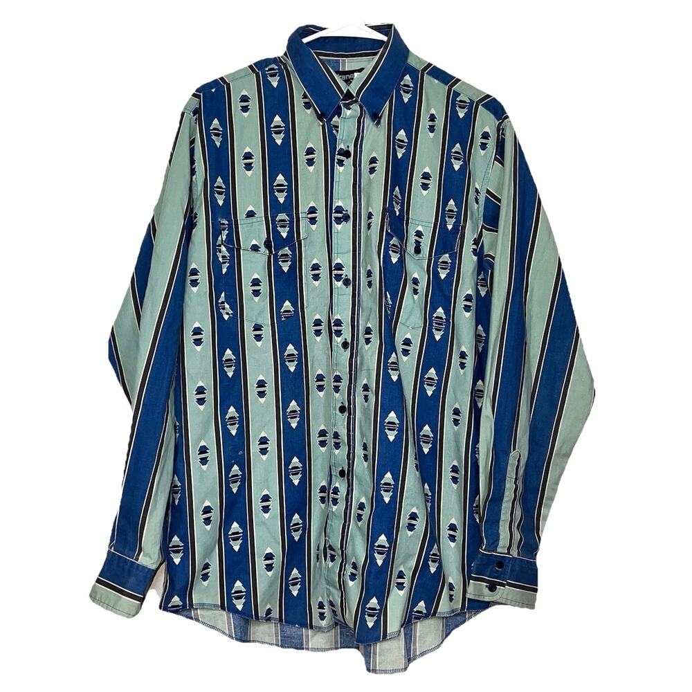 Wrangler Western Shirt Size 16.5 x 35 Blue Striped Aztec Pearl Snap Cowboy Cut